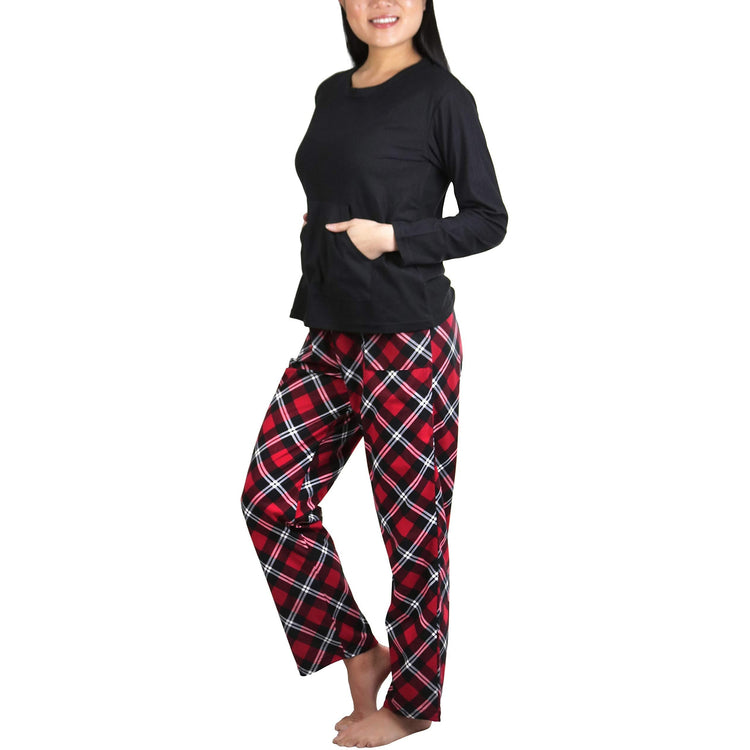 Women's Matching Pajama Set with Kangaroo Pocket Top and Flannel Pants