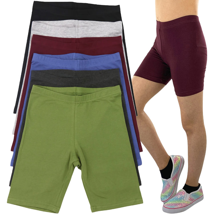 Girls' Pack of 6 Cotton-Spandex Blend Stretch Waistband Short Length Shorts