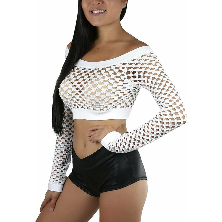 ToBeInStyle Women Stretch Fishnet Long Sleeve Rave See-Through Novelty Crop Top