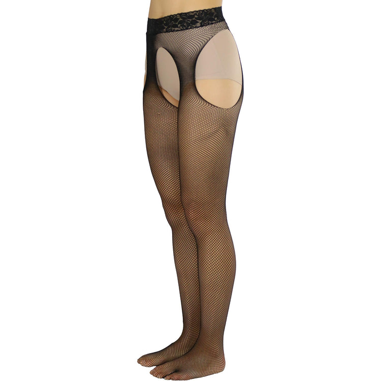 Women's Tights With Fishnet Suspender And Lace Waist