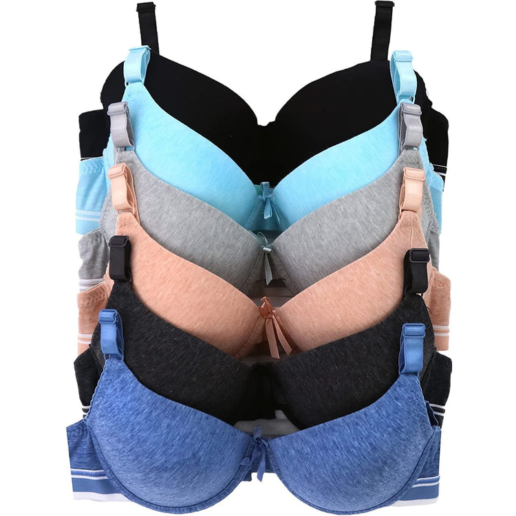 ToBeInStyle Women's Pack of 6 Cotton Heathered Bras with Wide Striped Band