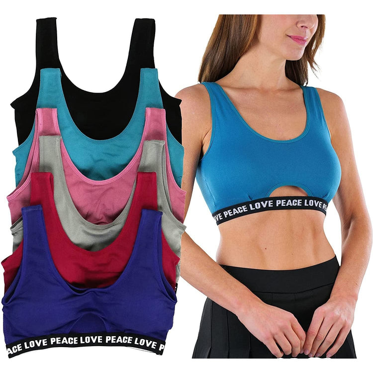 ToBeInStyle Women's Pack of 6 Seamless Peace Love Assortment Lounging Bra with Cut Out Middle