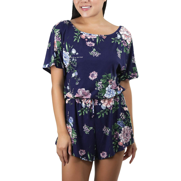 Women's Brushed Microfiber Short Sleeves Pajama Tie Up Open Back Romper