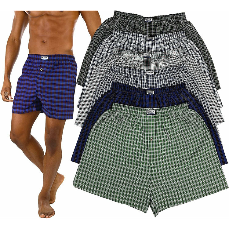 Men's Pack of 6 Button Fly Classic Fit Tartan Plaid Boxers