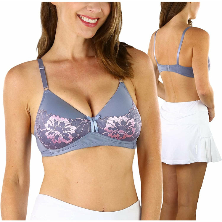 ToBeInStyle Women's Pack of 6 Wire Free Bras with Bold Floral Lace Overlay