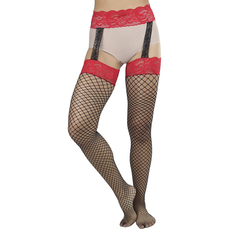 ToBeInStyle Women's Diamond Net Suspender Garter Pantyhose With Contrast Color Lace Top