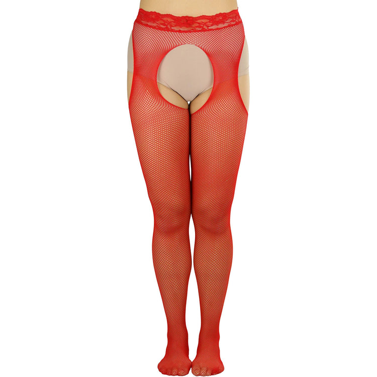 Women's Tights With Fishnet Suspender And Lace Waist