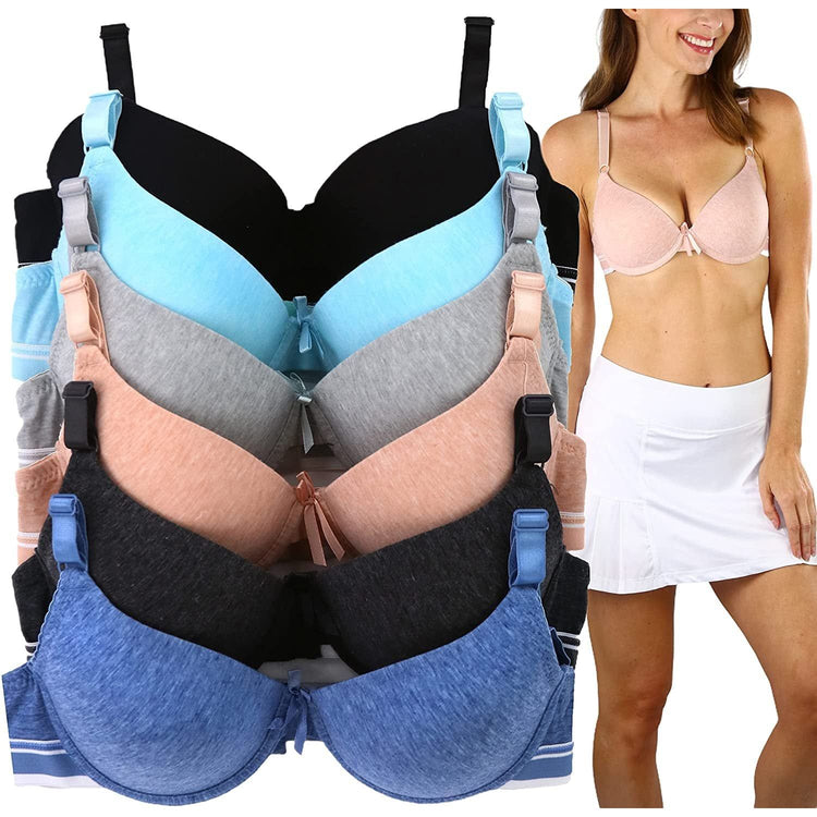 ToBeInStyle Women's Pack of 6 Cotton Heathered Bras with Wide Striped Band