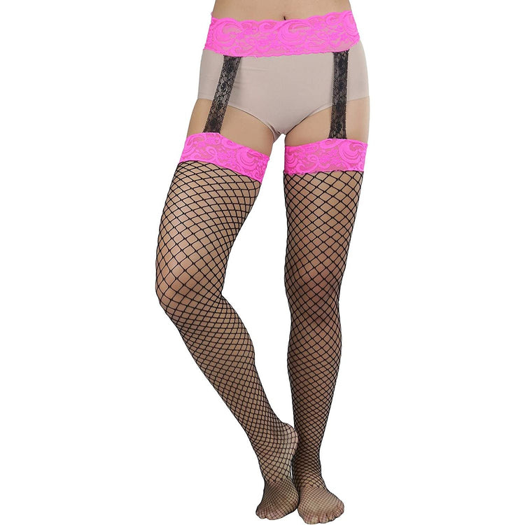ToBeInStyle Women's Diamond Net Suspender Garter Pantyhose With Contrast Color Lace Top