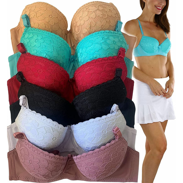 ToBeInStyle Women's Pack of 6 Underwire Padded Push Up w/Floral Lace