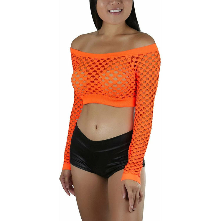 ToBeInStyle Women Stretch Fishnet Long Sleeve Rave See-Through Novelty Crop Top
