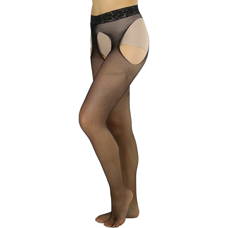 Women's Tights With Fishnet Suspender And Lace Waist