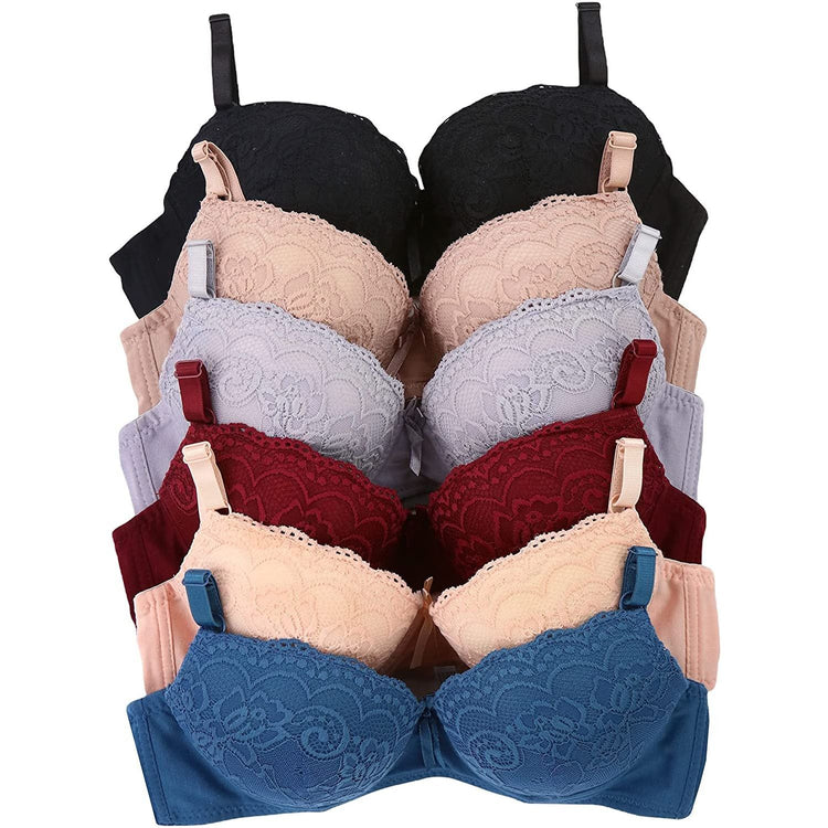 ToBeInStyle Women's Pack of 6 Cotton Push Up Bras with Floral Lace Cup Overlay