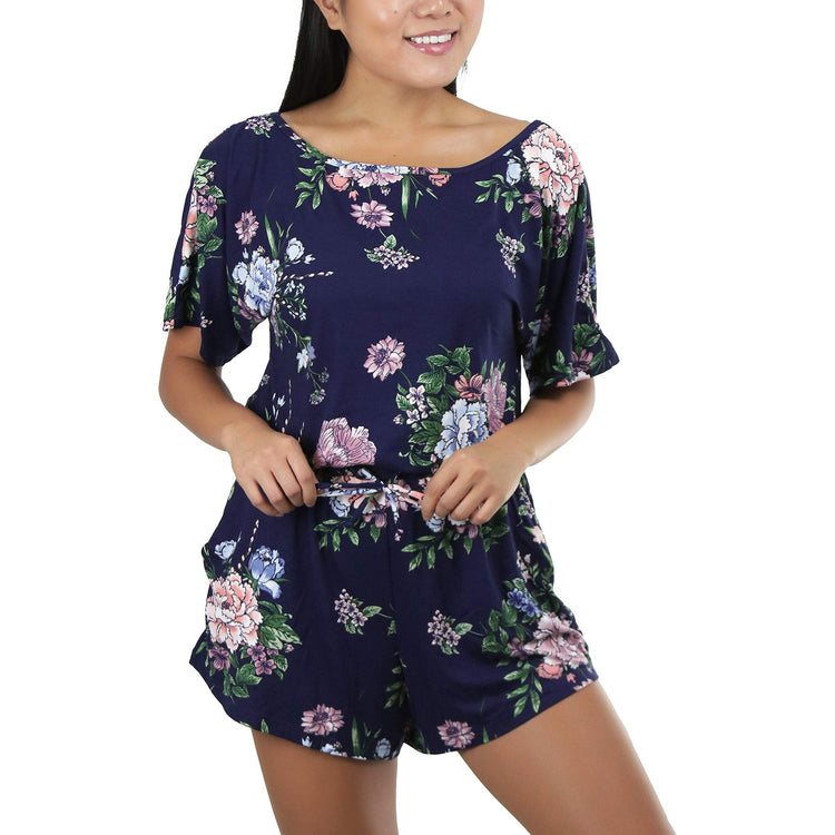 Women's Brushed Microfiber Short Sleeves Pajama Tie Up Open Back Romper
