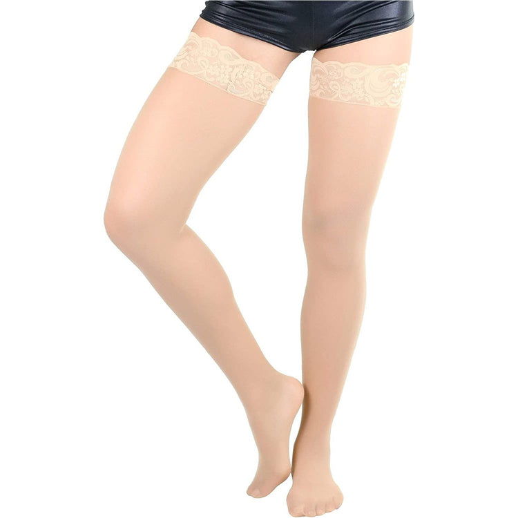 ToBeInStyle Women's Sheer Nylon Thigh High With Seamless Lace Top