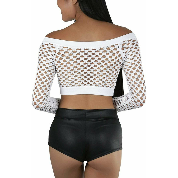 ToBeInStyle Women Stretch Fishnet Long Sleeve Rave See-Through Novelty Crop Top