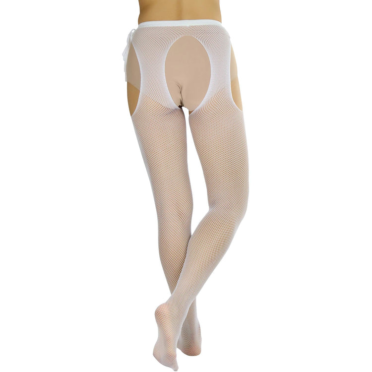 Women's Sheer Pantyhose With Fishnet Suspender And Tie Bow