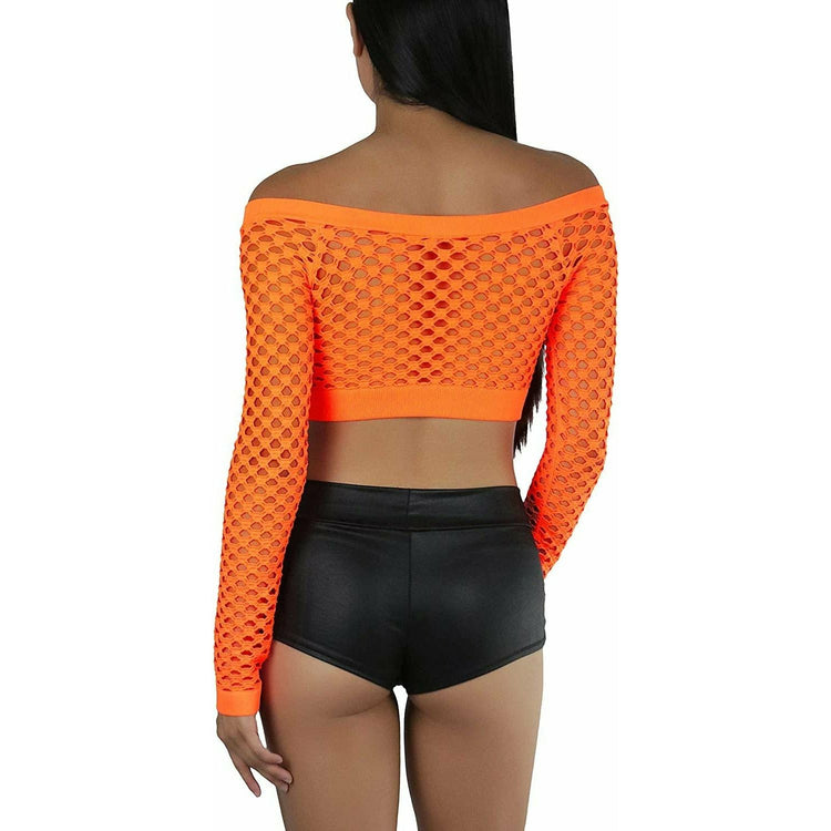 ToBeInStyle Women Stretch Fishnet Long Sleeve Rave See-Through Novelty Crop Top