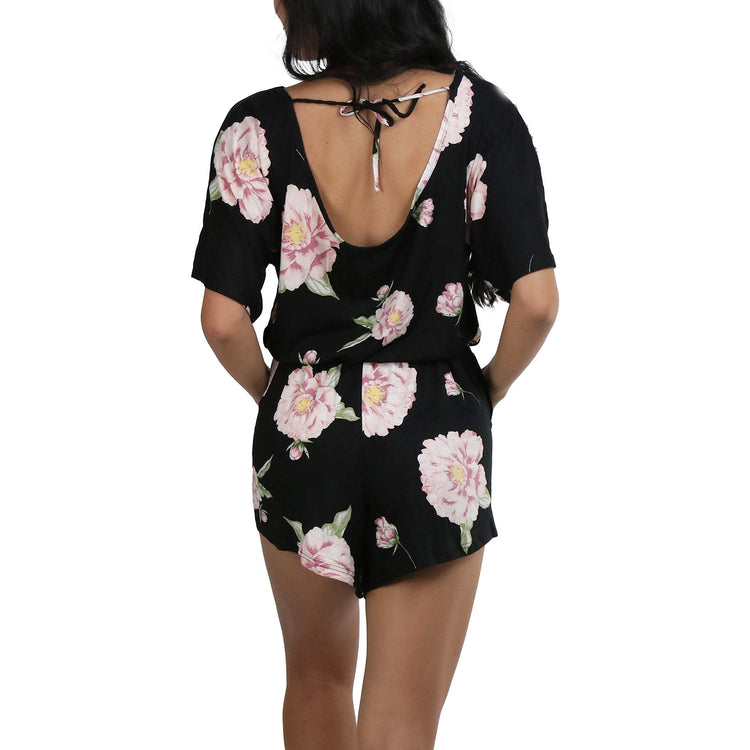 Women's Brushed Microfiber Short Sleeves Pajama Tie Up Open Back Romper