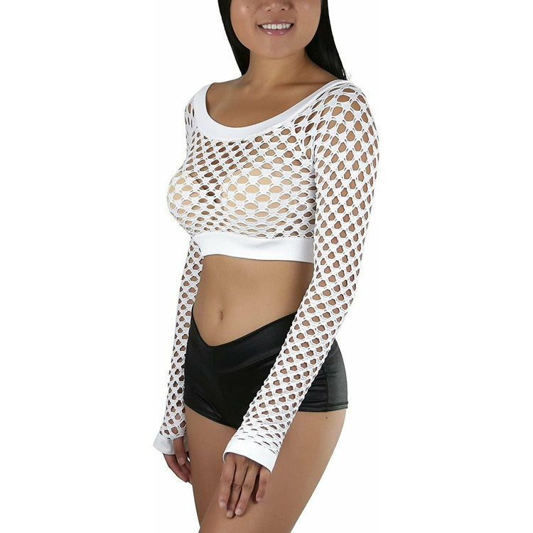 ToBeInStyle Women Stretch Fishnet Long Sleeve Rave See-Through Novelty Crop Top
