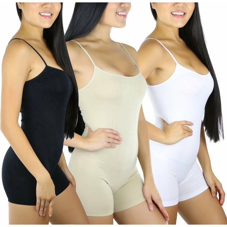 Women's Pack of 3 Essential Layering Seamless Pull On Bodysuit Cami Top Shorts Bottoms