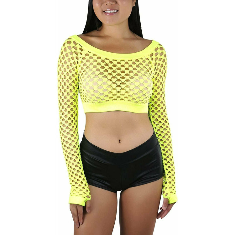 ToBeInStyle Women Stretch Fishnet Long Sleeve Rave See-Through Novelty Crop Top