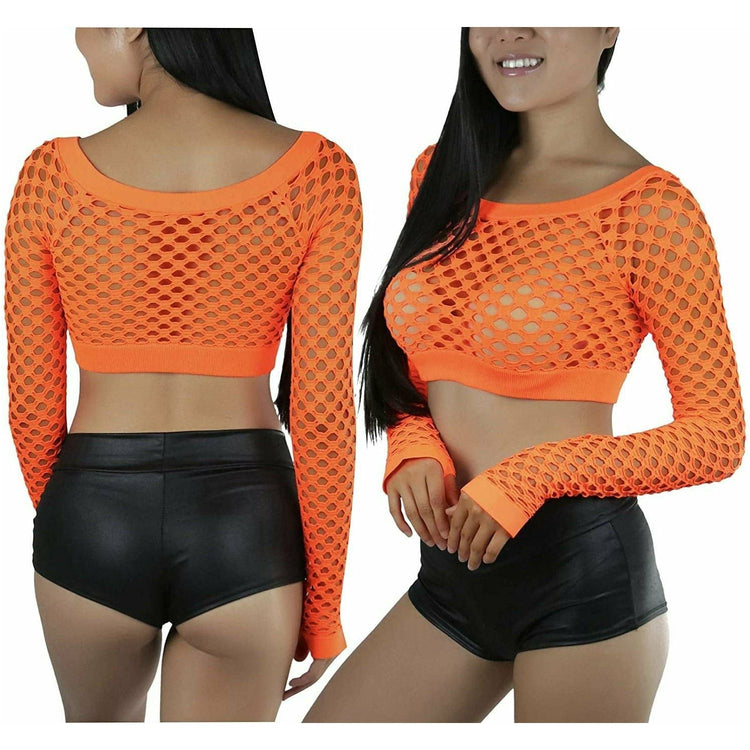 ToBeInStyle Women Stretch Fishnet Long Sleeve Rave See-Through Novelty Crop Top