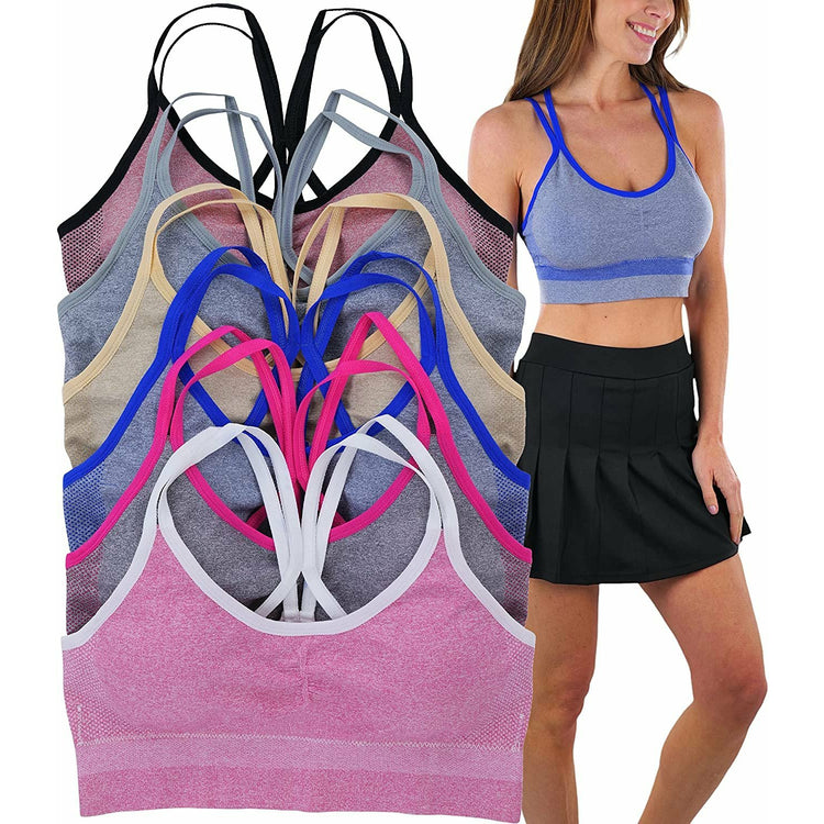 Women's Pack of 6 Wire Free Strappy Back Padded Sports Bralette with Contrast Straps