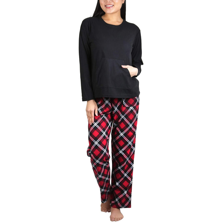 Women's Matching Pajama Set with Kangaroo Pocket Top and Flannel Pants