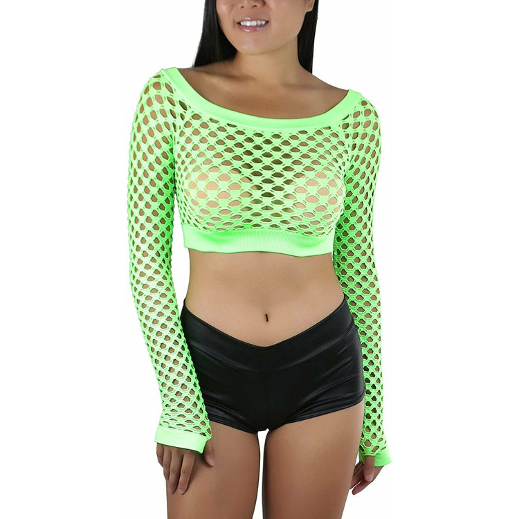 ToBeInStyle Women Stretch Fishnet Long Sleeve Rave See-Through Novelty Crop Top