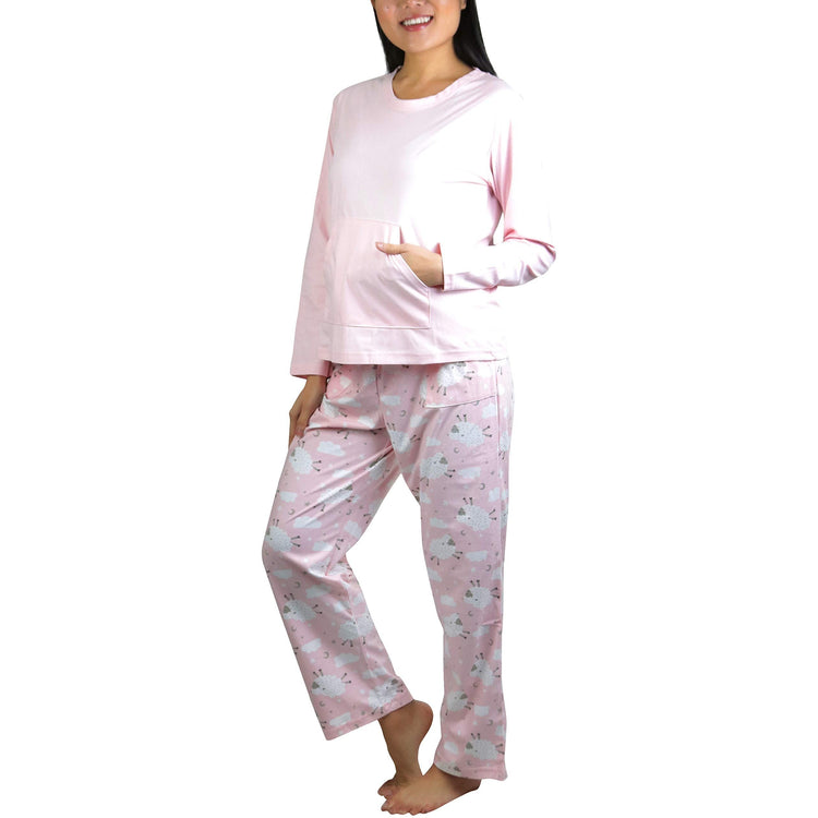 Women's Matching Pajama Set with Kangaroo Pocket Top and Flannel Pants