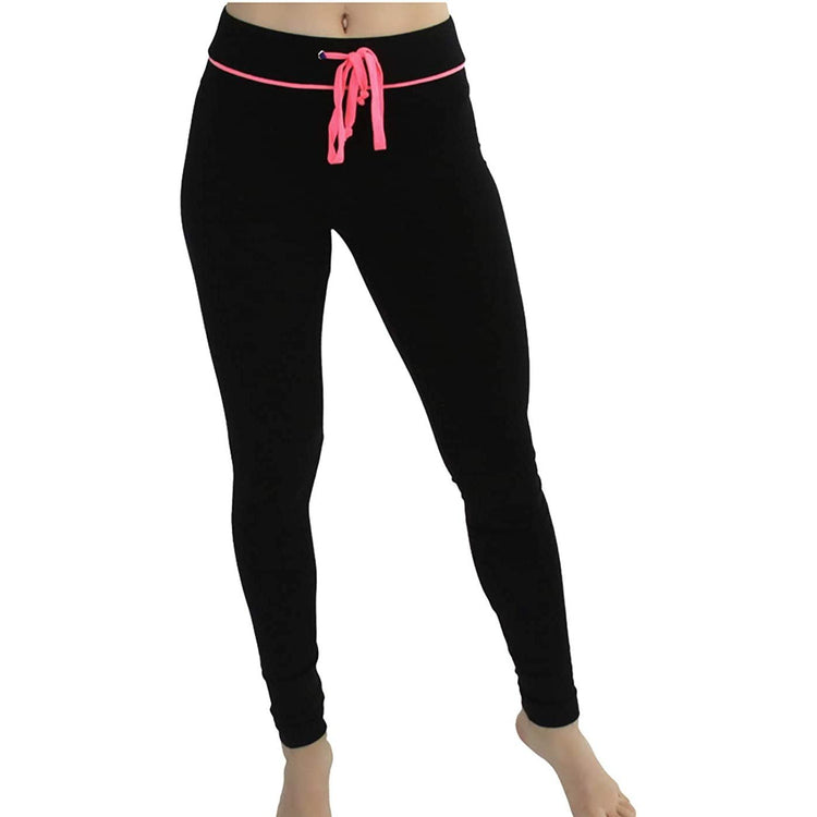 Women's Soft Knit Yoga Cotton Skinny Fit Full Length Leggings Tights w/ Drawstring Contrast