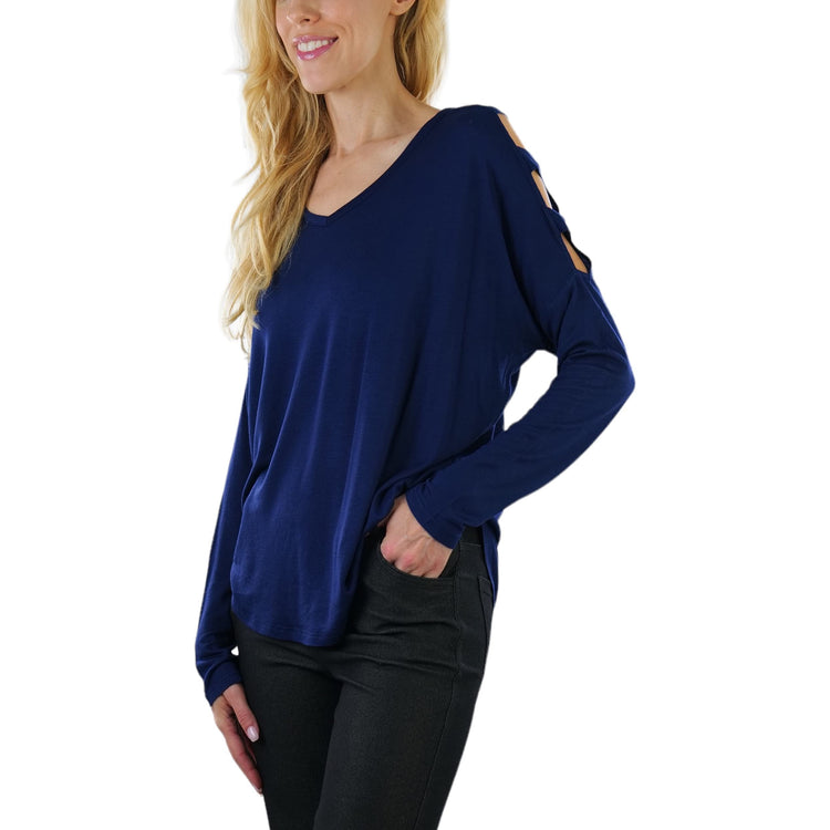 Women's Cutout Shoulders and V-Neck Long Sleeve Top