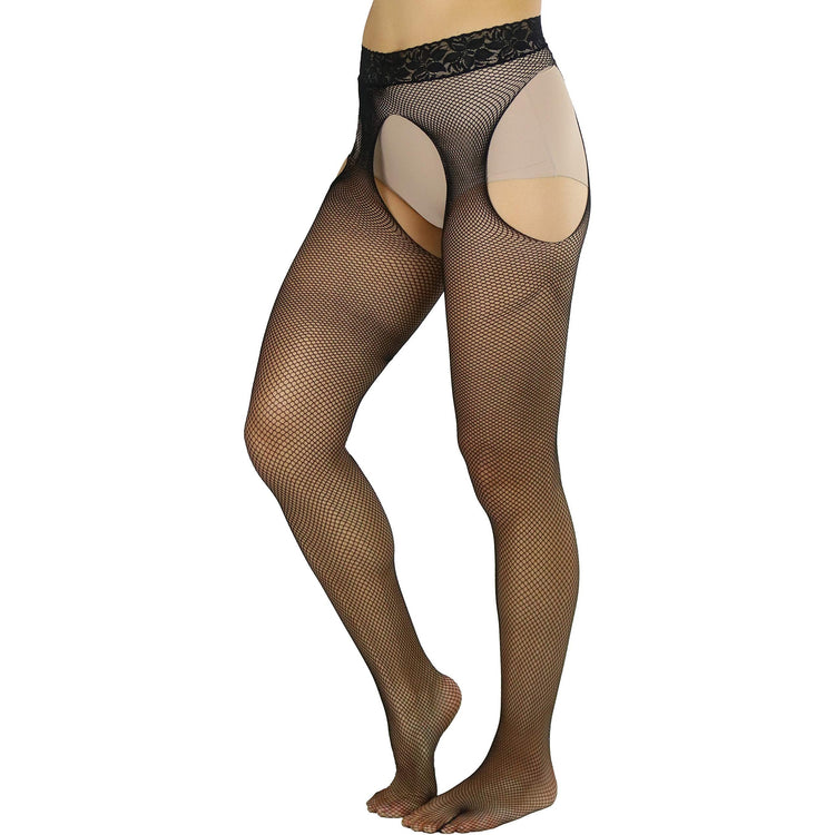 Women's Tights With Fishnet Suspender And Lace Waist