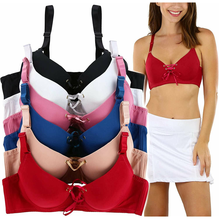 ToBeInStyle Women's Pack of 6 Padded Underwire Berries and Cream Bras w/ Lace Up Front