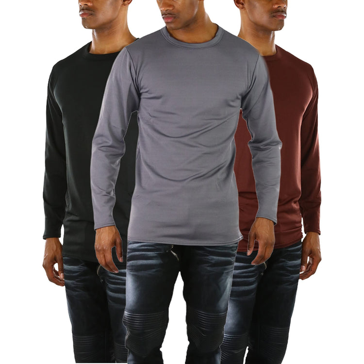 Men's Premium Fleece Lined Microfiber Thermal Long Sleeve Crewneck Shirt Top