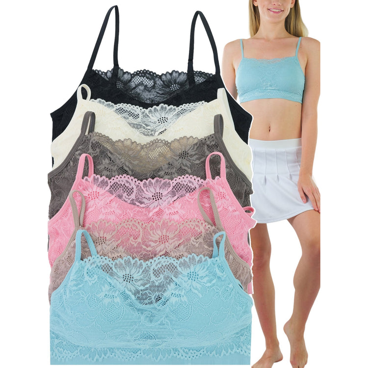 Women's Pack of 6 Nylon Wire-Free Padded Lace Trim Bralettes