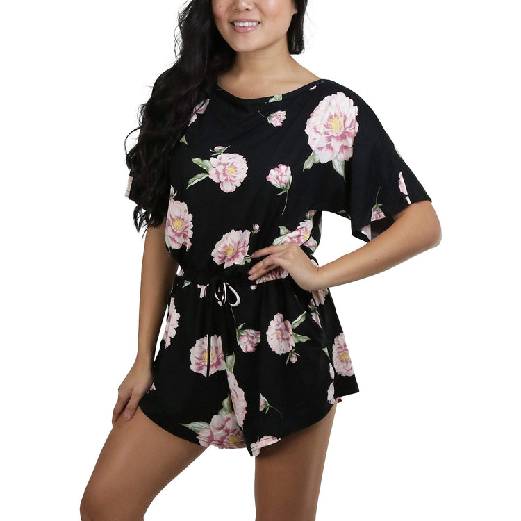 Women's Brushed Microfiber Short Sleeves Pajama Tie Up Open Back Romper