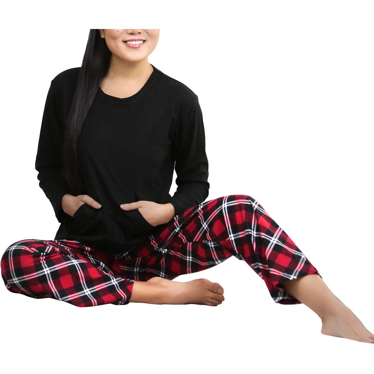 Women's Matching Pajama Set with Kangaroo Pocket Top and Flannel Pants