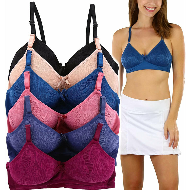 ToBeInStyle Women's Pack of 6 Padded Underwire Leafy Patterned Wild Berry Bras