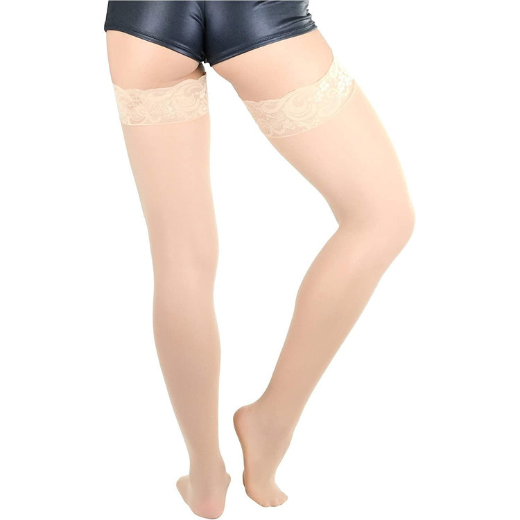 ToBeInStyle Women's Sheer Nylon Thigh High With Seamless Lace Top