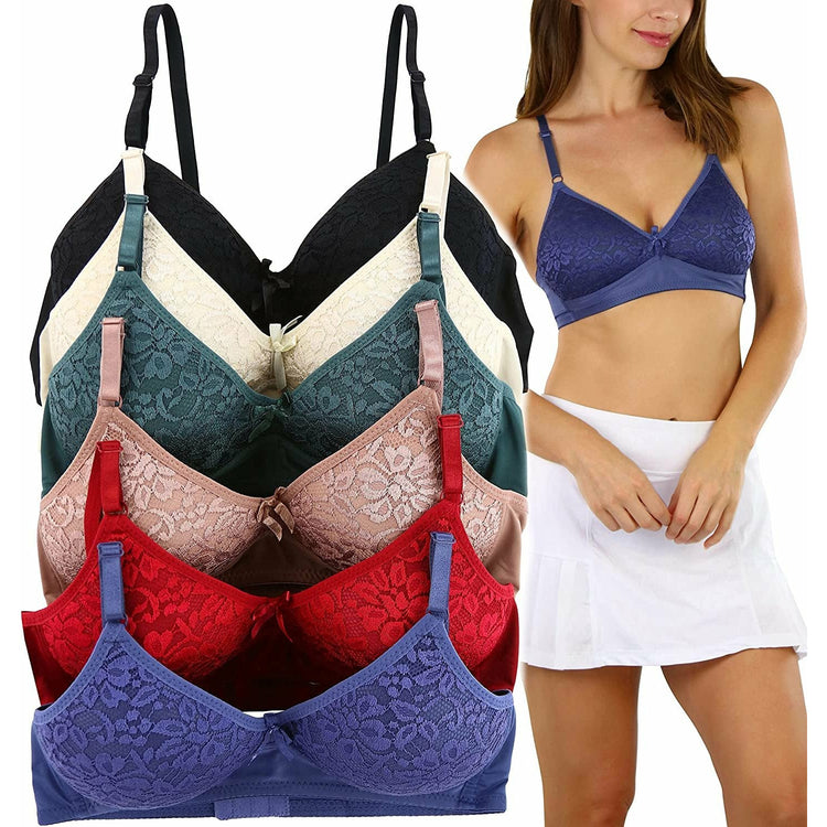 ToBeInStyle Women's Pack of 6 Slightly Padded Underwire Bras w/ Lace Flower Cups