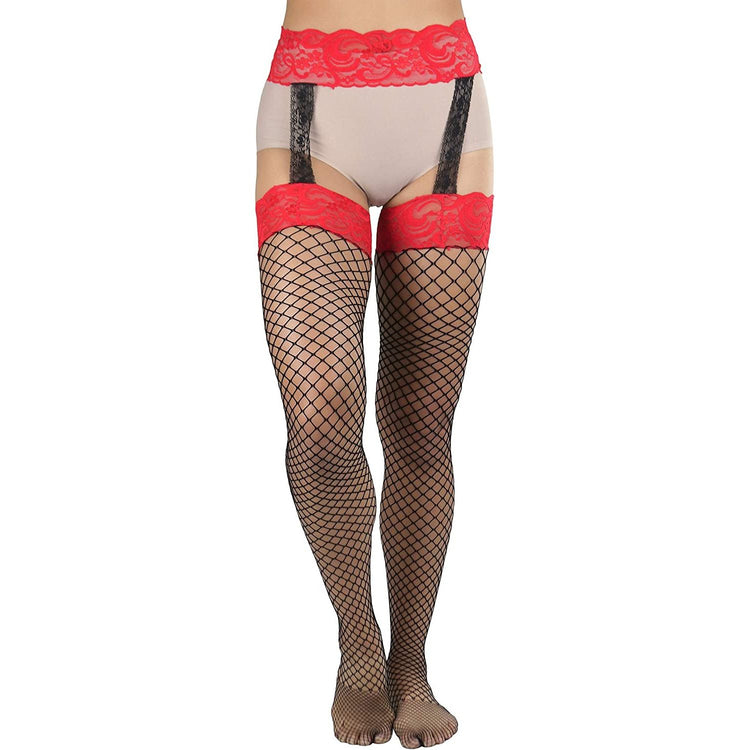 ToBeInStyle Women's Diamond Net Suspender Garter Pantyhose With Contrast Color Lace Top