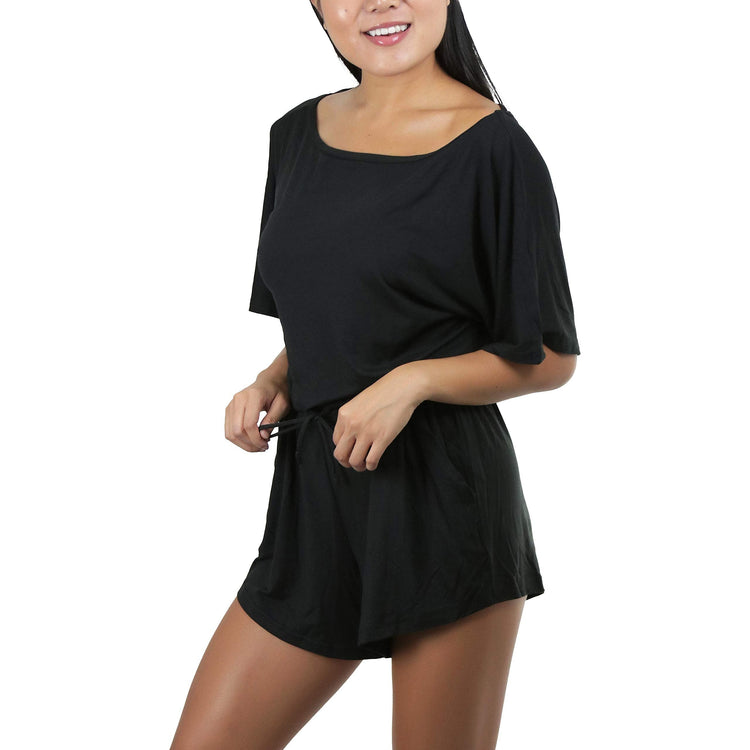 Women's Brushed Microfiber Short Sleeves Pajama Tie Up Open Back Romper