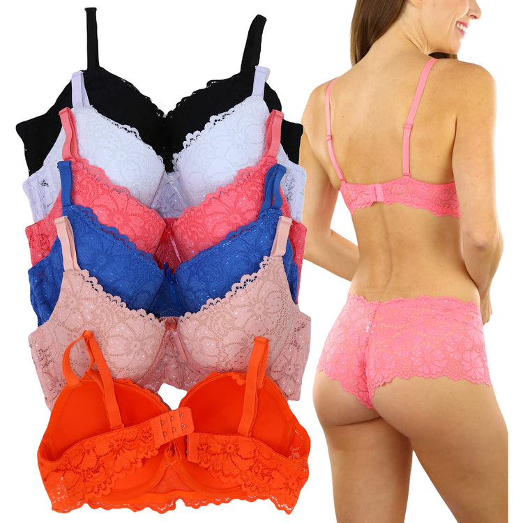 Women's Pack of 6 Full Cup Bras with Scalloped Floral Lace Detail