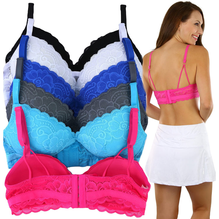 Women's Pack of 6 Padded Bras with Lace Trim Detail and Triangle Back Straps