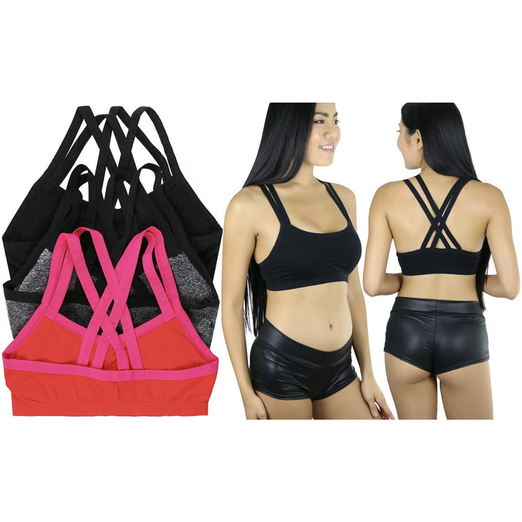 Women's Pack of 3 Wire-Free Seamless Sports Bra with Double Cross Back Design