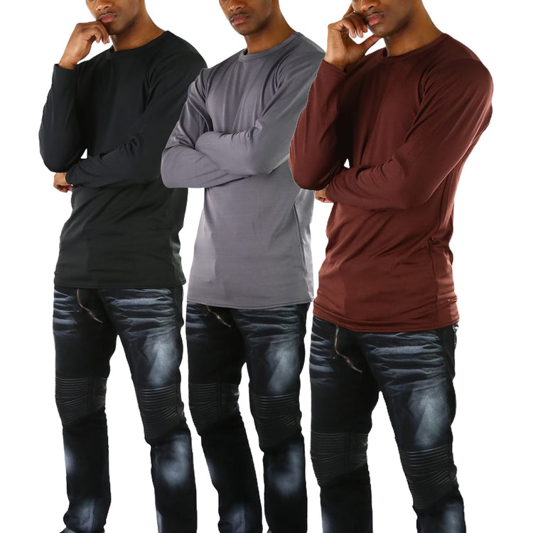 Men's Premium Fleece Lined Microfiber Thermal Long Sleeve Crewneck Shirt Top