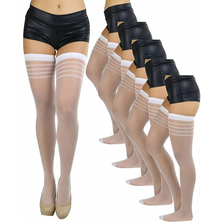 ToBeInStyle Women’s Pack of 6 Top Stripe Band Sheer Thigh High Stockings