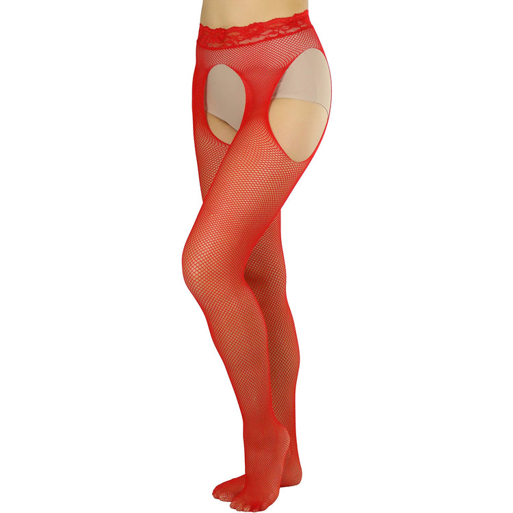 Women's Tights With Fishnet Suspender And Lace Waist